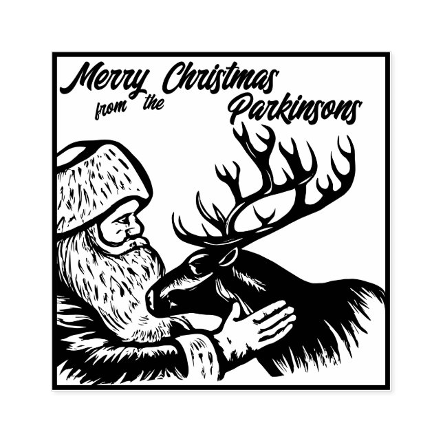 Gamla Fashioned Woodcut Jultomten och Reindeer Stämpel (Tryck)