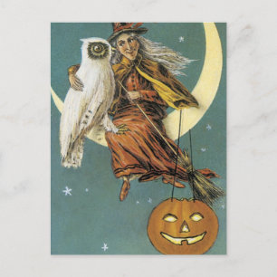 Gamla fashionerade Halloween Witch och Måne Vykort