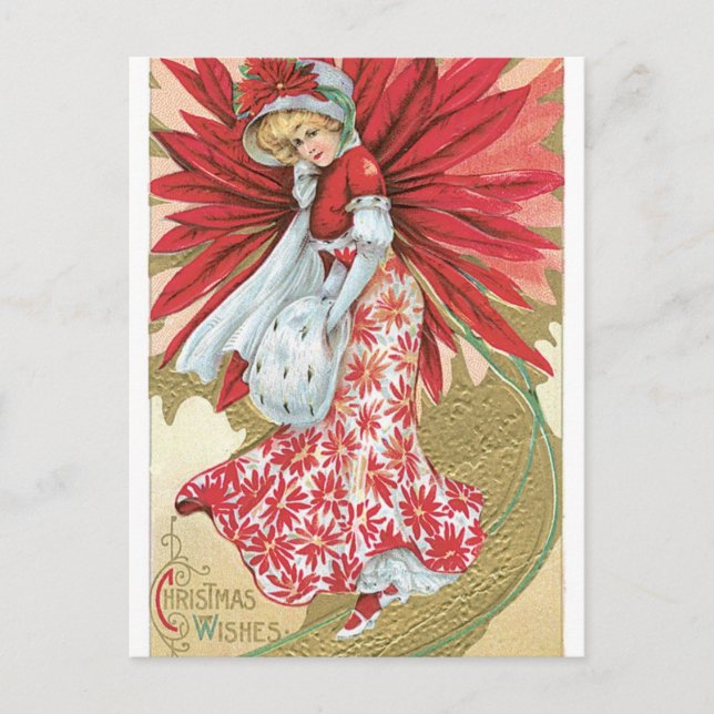 Gamla fashiren-jultomten Poinsettia Dam Helg Vykort (Framsida)