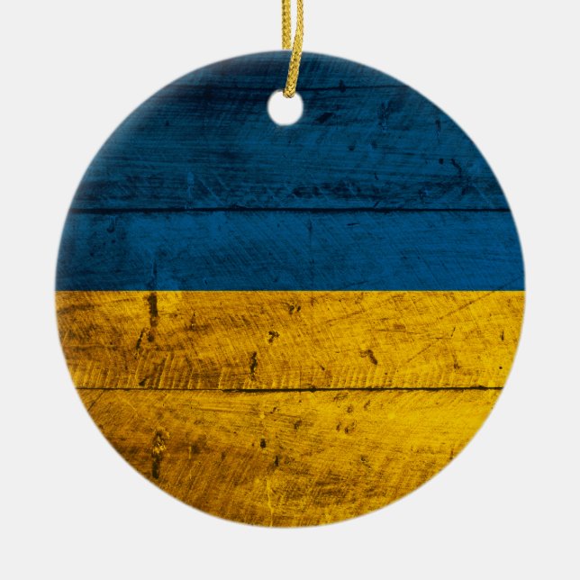 Gamla Flagga Wooden Ukraina Julgransprydnad Keramik (Framsidan)