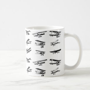 Gamla flygplan i svartvitt, vintage kaffemugg