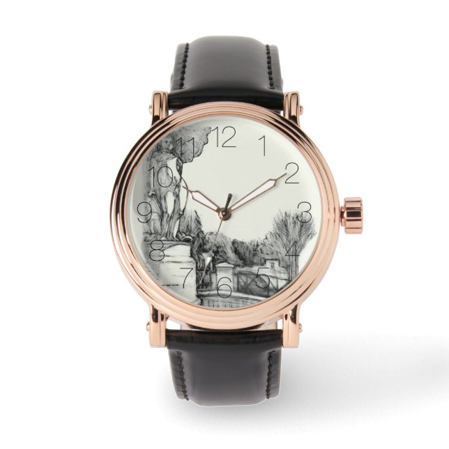 Gamla fontän i parken med skulpturpojke armbandsur (Framsida)