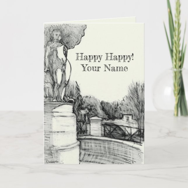 Gamla fontän i parken med skulpturpojke kort (Framsida)