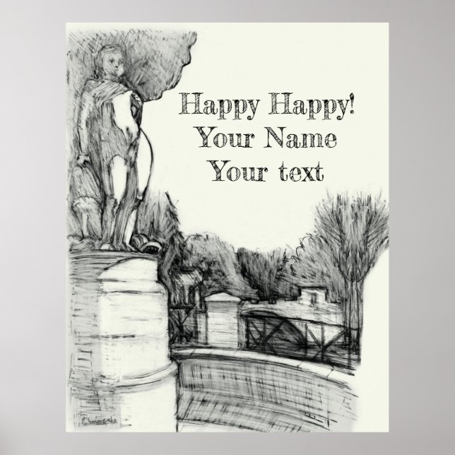 Gamla fontän i parken med skulpturpojke poster (Framsidan)