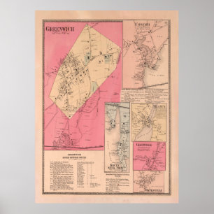gamla Greenwich CT Karta (1867) Vintage Connecticu Poster