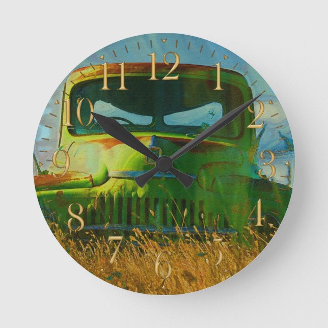Gamla Grönten Farm Lastbil och Fält Rund Klocka (Framsida)