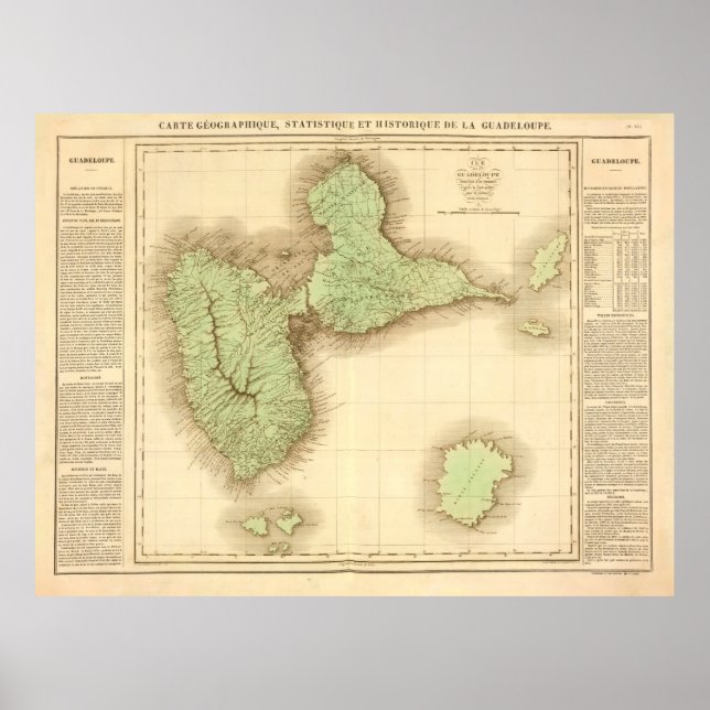 Gamla Guadeloupe Island Karta (1825) Vintage Gwadl Poster (Framsidan)