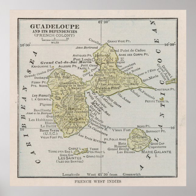 Gamla Guadeloupe-ön Karta (1912) Vintage Gwadloup Poster (Framsidan)