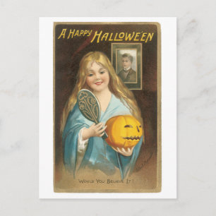 Gamla Halloween, flicka med Hand spegel Vykort
