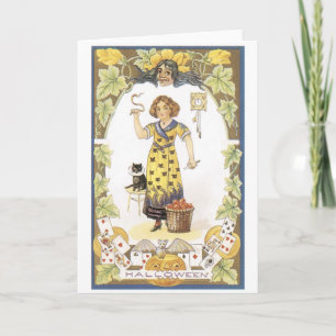 Gamla Halloween, flicka med svart katt Kort