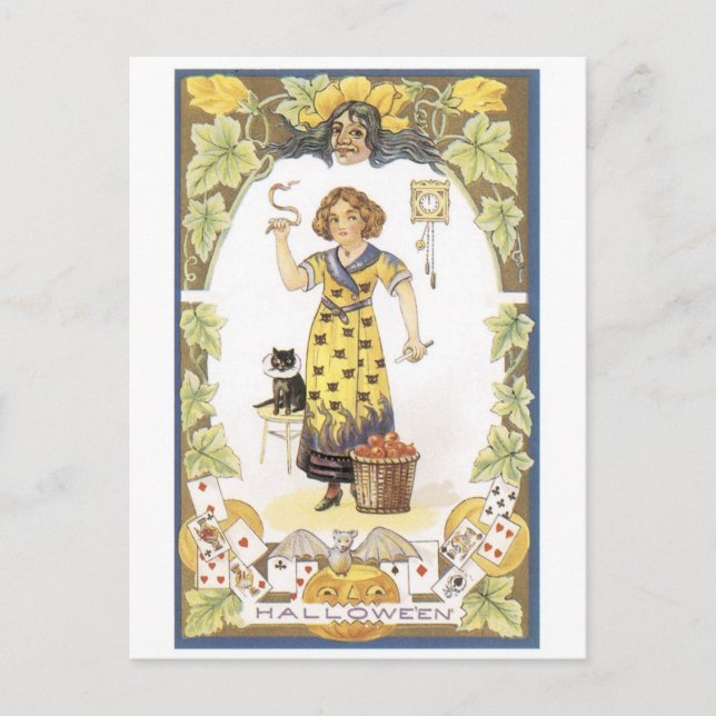 Gamla Halloween, flicka med svart katt Vykort (Framsida)