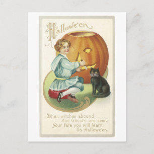 Gamla Halloween, flicka med svart katt Vykort