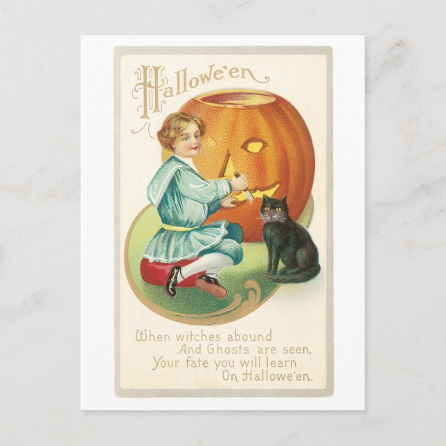 Gamla Halloween, flicka med svart katt Vykort (Framsida)