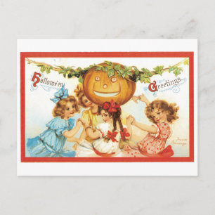 Gamla Halloween, flickor med Pumpkin Vykort