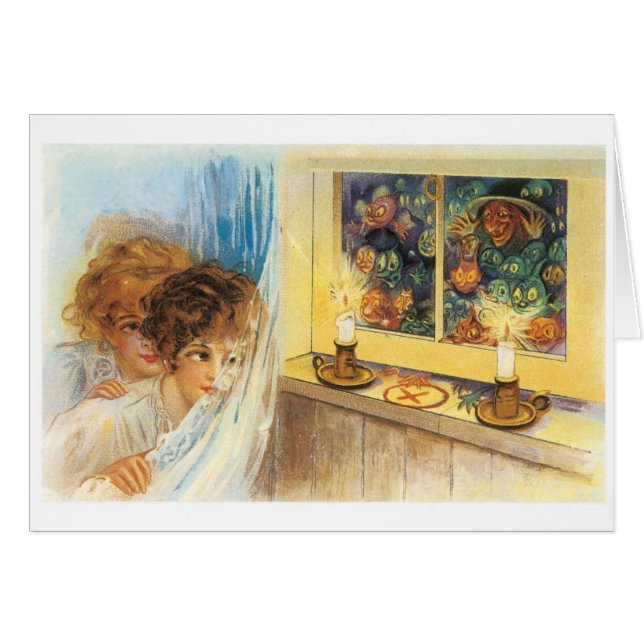 Gamla Halloween, flickor träffar Witch Hälsningskort (Framsidan Horizontal)