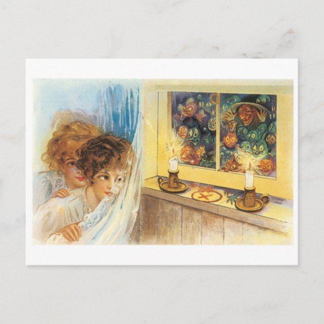 Gamla Halloween, flickor träffar Witch Vykort (Framsida)