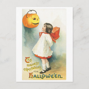 Gamla Halloween, Girl & Jack-o'-lantern Vykort