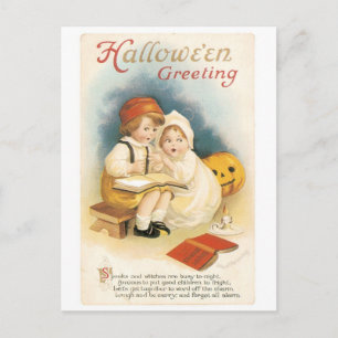 Gamla Halloween, pojke och flicka Vykort