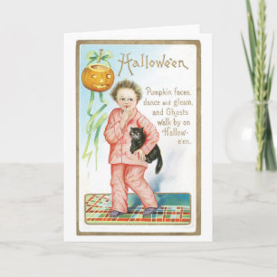 Gamla Halloween, Pojken håller svart katt Kort