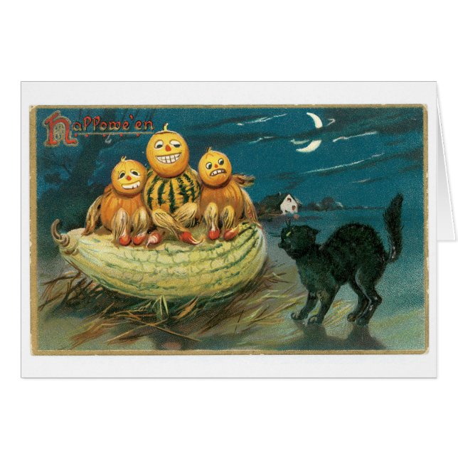 Gamla Halloween, Pumpkins & Black cat Hälsningskort (Framsidan Horizontal)