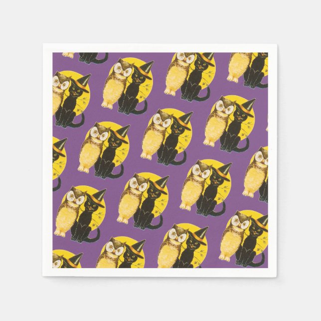 Gamla Halloween, svart katt och Uggla Pappersservett (Framsidan)