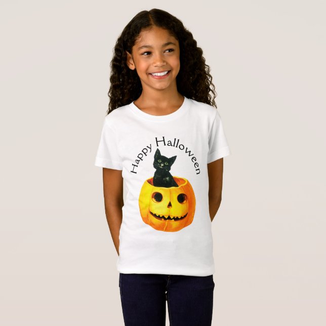 Gamla Halloween, svart katt på Pumpkin T-shirt (Hel framsida)