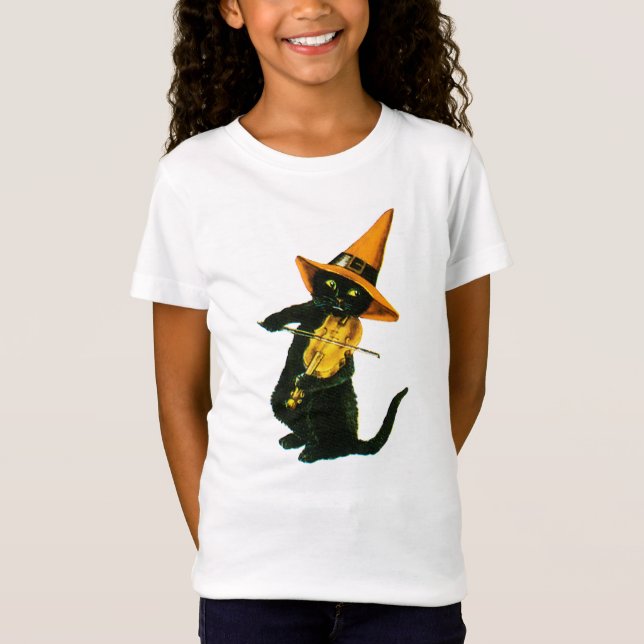Gamla Halloween, Witch-katt spela Violin Tee (Framsida)