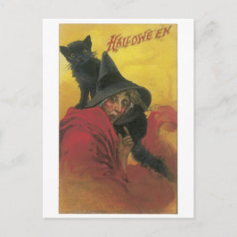 Gamla Halloween, Witch med Black cat Vykort