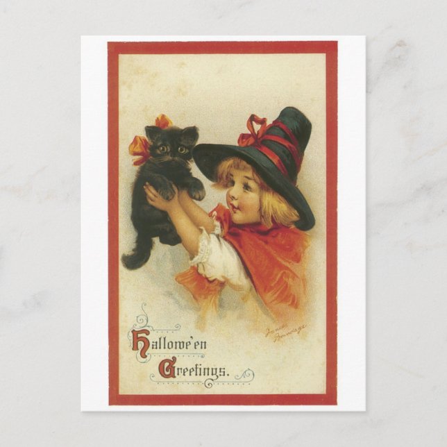 Gamla Halloween, Witch-tjejen med svart katt Vykort (Framsida)