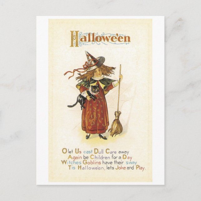 Gamla Halloween, Witch-tjejen med svart katt Vykort (Framsida)