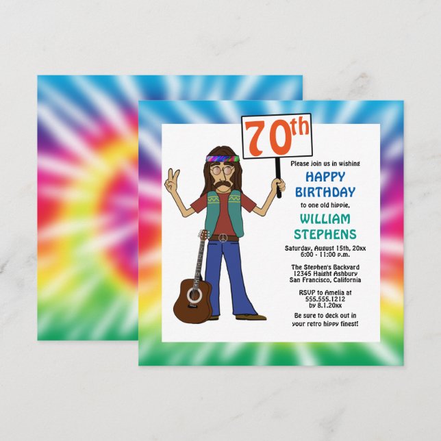Gamla Hippie Hippy Tie Dye 70:e Födelsedagsfesten Inbjudningar (Fram/baksida)
