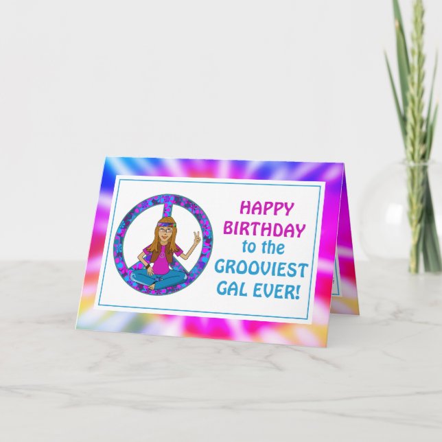 Gamla Hippie Hippy Tie Dye Groovy Gal Birthday Kort (Framsida)