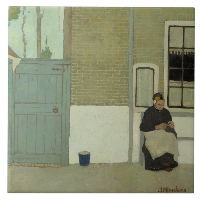 Gamla holländska kvinnor framför sitt hus (Jan Man Kakelplatta (Framsidan)