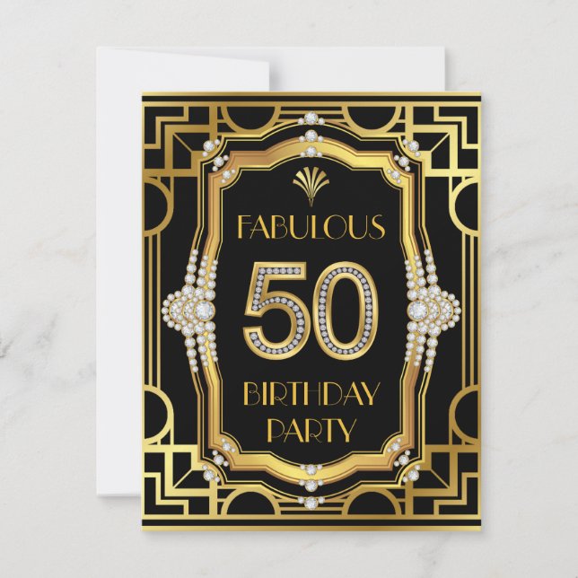 Gamla Hollywood Glam Art Deco 50:e Födelsedagsfest Inbjudningar (Framsida)