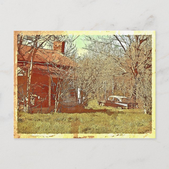Gamla hus och bilar vykort (Framsida)