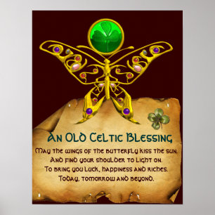 Gamla Irish Blating Parchment med Guld Butterfly Poster