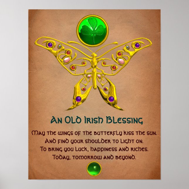 Gamla Irish Blating Parchment med Guld Butterfly Poster (Framsidan)