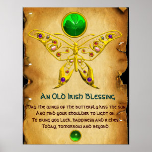 Gamla Irish Blating Parchment med Guld Butterfly Poster