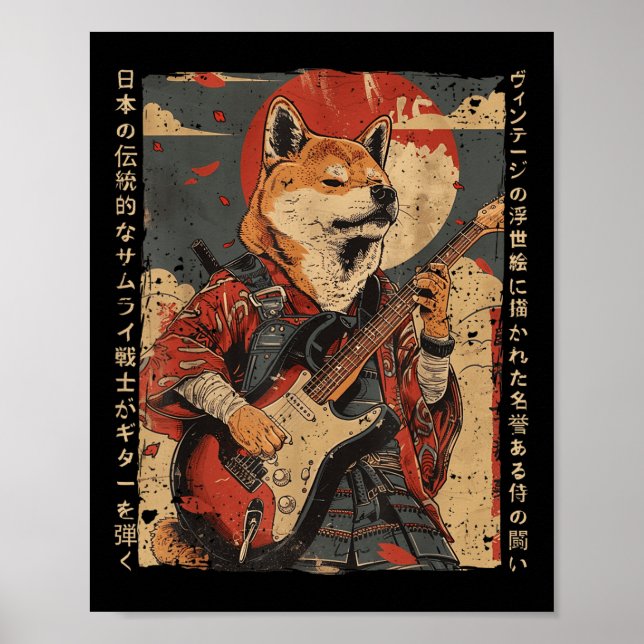 Gamla japanska teckningar Samurai-Hund som spelar  Poster (Framsidan)