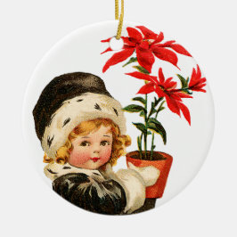 Gamla jular, flicka som håller Poinsettia Julgransprydnad Keramik