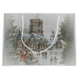 Gamla jultomten med barn framför en kyrka