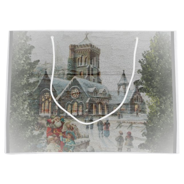 Gamla jultomten med barn framför en kyrka (Framsidan)