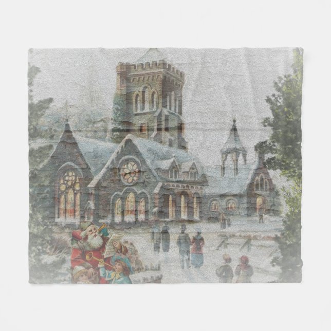 Gamla jultomten med barn framför en kyrka fleecefilt (Framsidan (Horisontell))