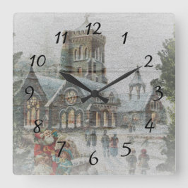 Gamla jultomten med barn framför en kyrka fyrkantig klocka