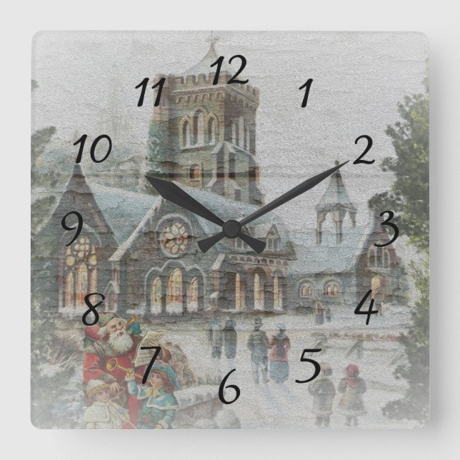 Gamla jultomten med barn framför en kyrka fyrkantig klocka (Framsida)