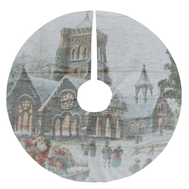 Gamla jultomten med barn framför en kyrka julgransmatta borstad polyester (Framsidan)