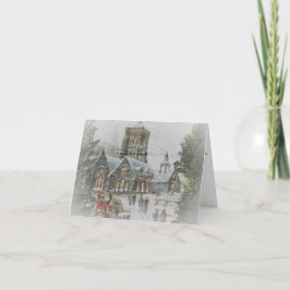 Gamla jultomten med barn framför en kyrka kort