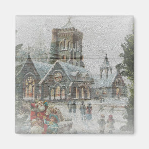 Gamla jultomten med barn framför en kyrka magnet