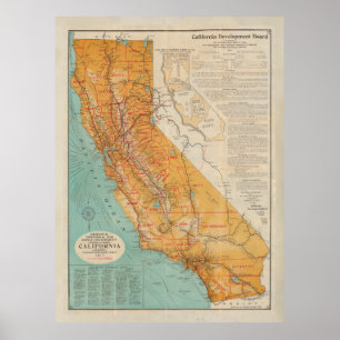 Gamla Kalifornien Karta (1917) Vintage Golden Stat Poster