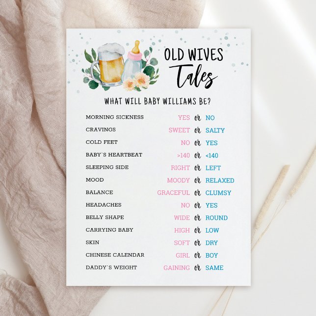Gamla Kärringars Historier Könsbestämmande Bebisdu Inbjudningar (Beer and Floral Baby is Brewing Baby Shower Old Wives Tales Game Card)